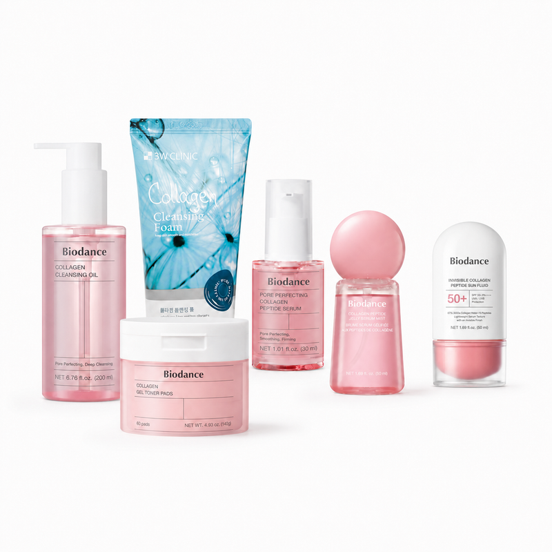 Adilsons Curated 6-Piece Biodance Collagen Routine Set for Dehydrated, Barrier-Compromised Skin with Rough Texture – Cleansing Oil, Pads, Mist, Sun Fluid, Serum & Cleansing Foam