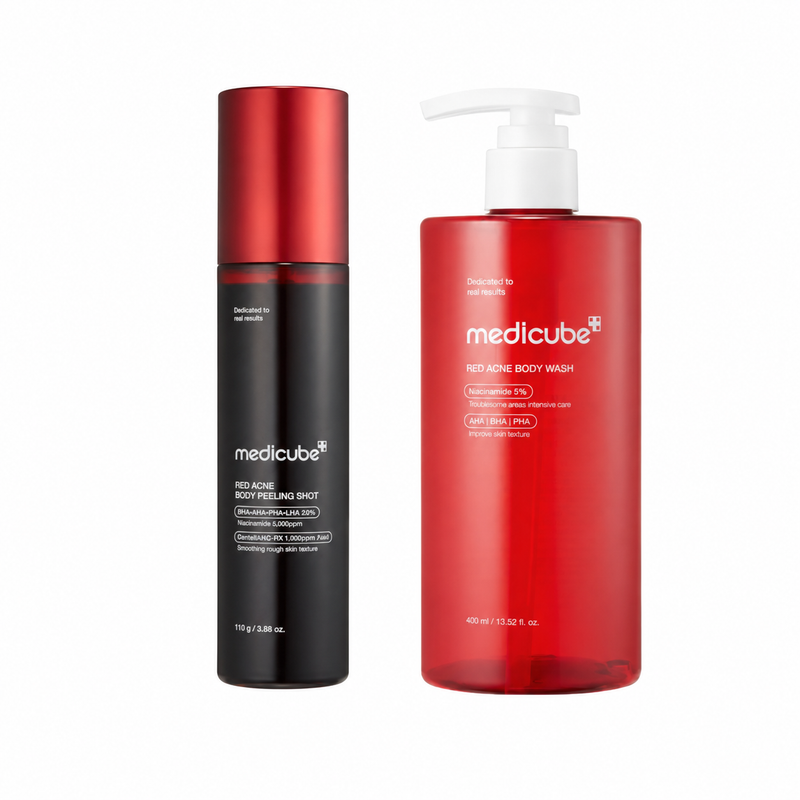 Medicube 2-Piece Body Cleansing and Exfoliating Set for Resilient Body Skin with Blemish-Prone Breakouts and Rough Texture – Red Acne Body Peeling Shot & Red Acne Body Wash; Complete Body-Acne System; Use with a Lightweight Body Moisturizer