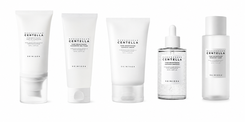 ADILSONS 5-Piece Tone Brightening Routine Set for Dull, Uneven Complexions with Centella, Niacinamide & Gentle Exfoliation – Cleansing Foam, Boosting Toner, Capsule Ampoule, Capsule Cream & Tone-Up Sunscreen; Complete Skincare Routine