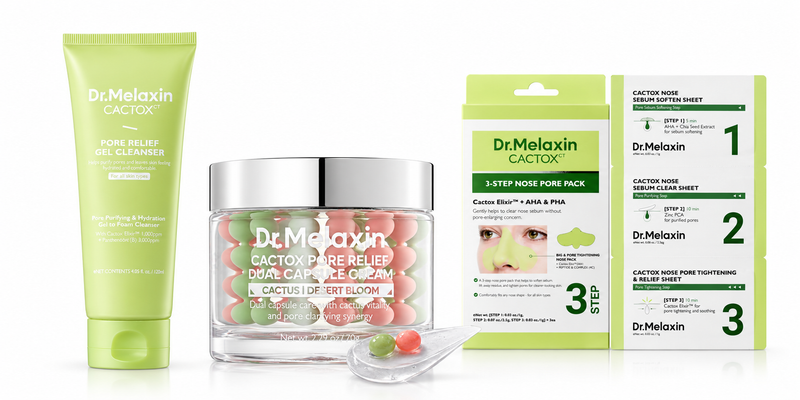 Dr.Melaxin Cactox 3-Piece Pore Relief Routine for Oily, Congested Skin with Visible Blackheads & Enlarged Pores – Gel Cleanser, Dual Capsule Cream & 3-Step Nose Pore Pack; Complete Pore-Clearing Set