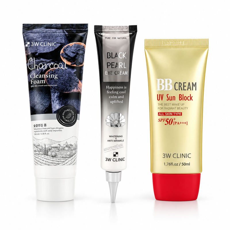 Adilsons Curated 3-Piece 3W Clinic Skincare Set for Stable Skin Needing Basic Daily Cleansing, Hydration & UV Protection – Charcoal Foam, Black Pearl Eye Cream & UV Sun Block BB Cream SPF50+ PA++; Use with a Gentle Moisturizer