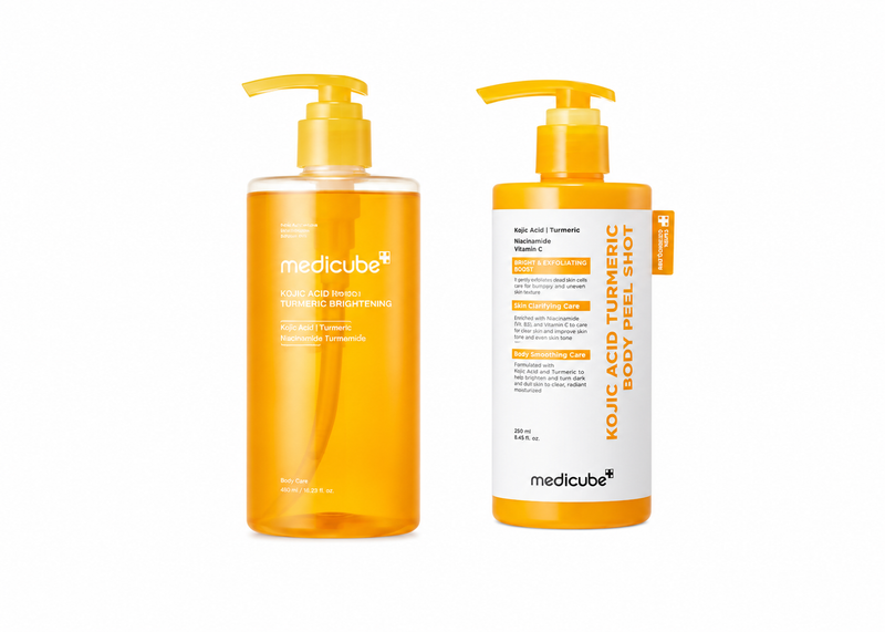 Medicube 2-Piece Tone & Texture Set for Dull Body Skin – Includes One KOJIC ACID TURMERIC VITA BRIGHTENING BODY WASH 400ml (Cleanser), and One KOJIC ACID TURMERIC BODY PEEL SHOT 280ml (Peel); Use with Your Own Body Moisturizer & Sunscreen