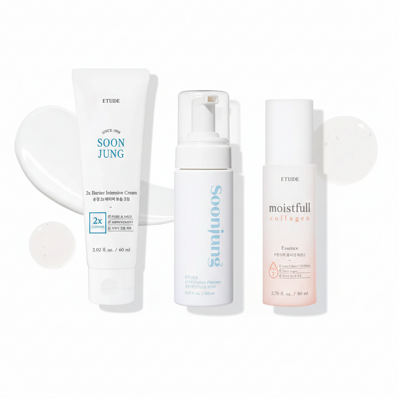 ETUDE Gentle Barrier & Moisture Care Set (ETUDE MOISTFULL COLLAGEN ESSENCE 80ML + ETUDE SOONJUNG PH 6.5 WHIP CLEANSER 150ML + ETUDE SOONJUNG 2X BARRIER INTENSIVE CREAM 60ML)