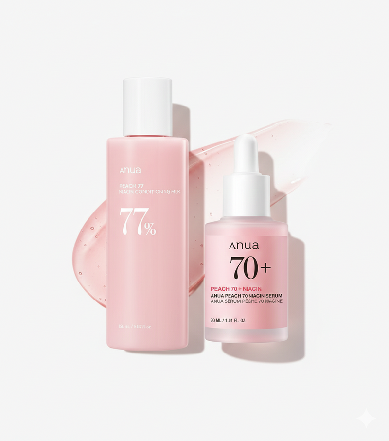 Anua Peach Niacin Brightening & Conditioning Set (Anua PEACH 70 NIACIN SERUM 30ML + Anua PEACH 77% NIACIN CONDITIONING MILK 150ML)