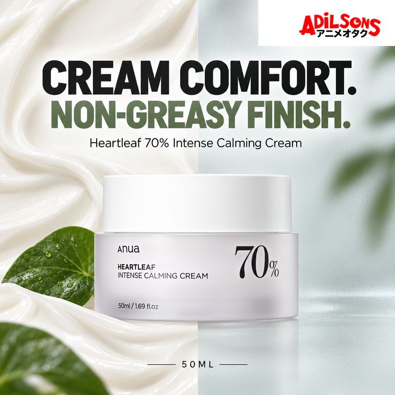 Anua Heartleaf 70% Intense Calming Cream 50ml ad: Cream Comfort. Non-Greasy Finish.