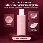 Anua Peach 77 Niacin Conditioning Milk formula story ad — ferments, glycerin, ceramide and panthenol