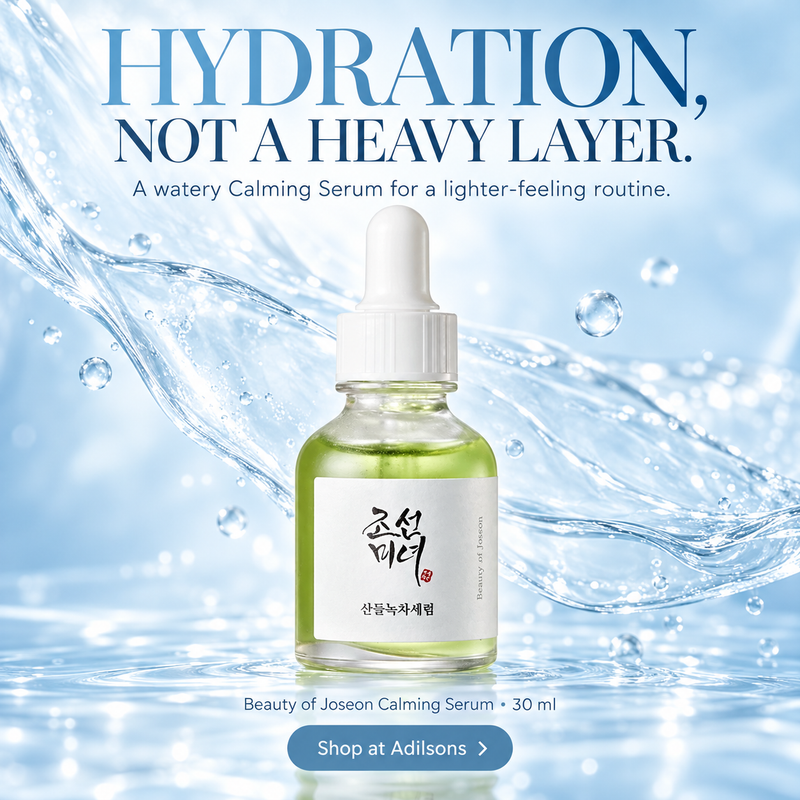 Beauty of Joseon Calming Serum 30 ml — watery texture for a lighter-feeling routine. Shop at Adilsons.