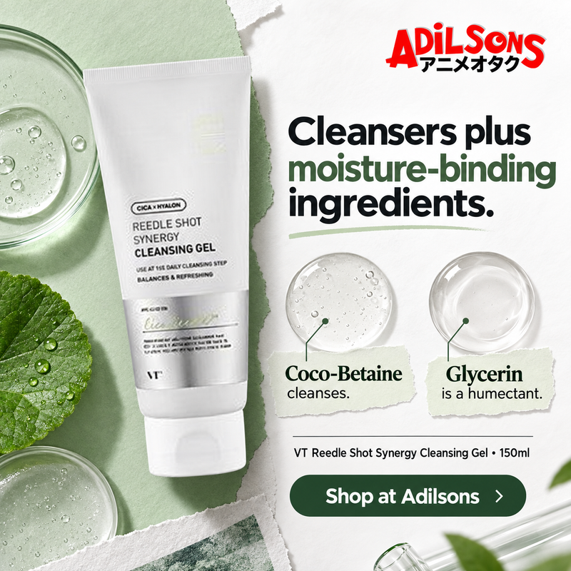 Adilsons Beauty ad for VT Reedle Shot Synergy Cleansing Gel150ml: Cleansers plus moisture-binding ingredients.