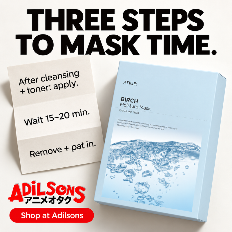 Anua Birch Moisture Mask box: THREE STEPS TO MASK TIME.