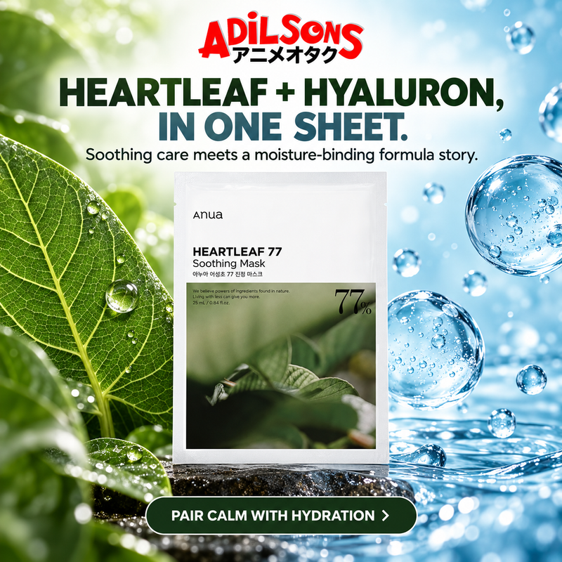 Adilsons creative for Anua Heartleaf 77 Soothing Mask 25ml: HEARTLEAF + HYALURON, IN ONE SHEET.