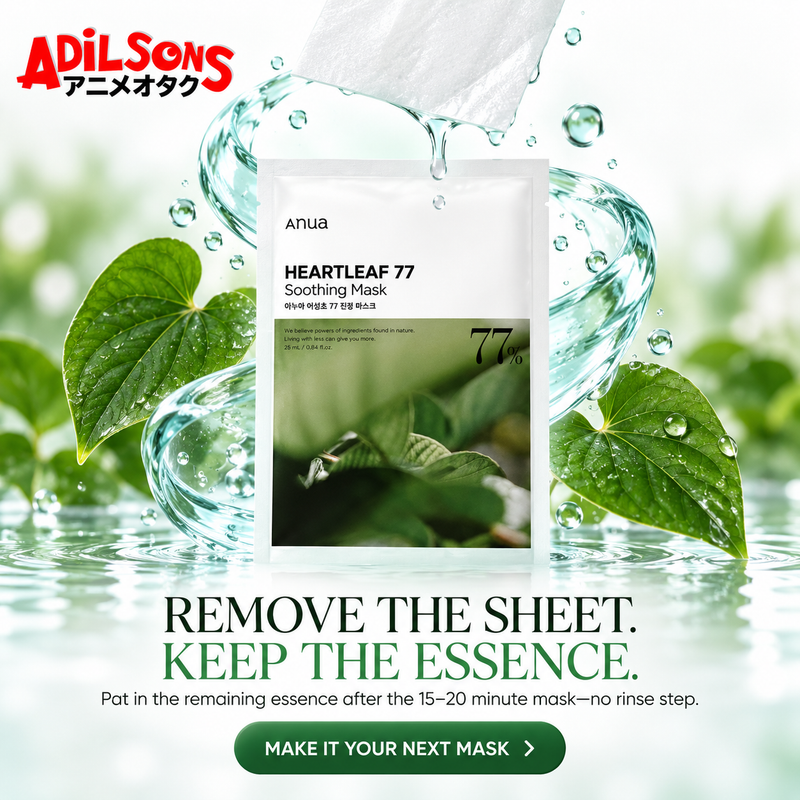Adilsons creative for Anua Heartleaf 77 Soothing Mask 25ml: REMOVE THE SHEET. KEEP THE ESSENCE.