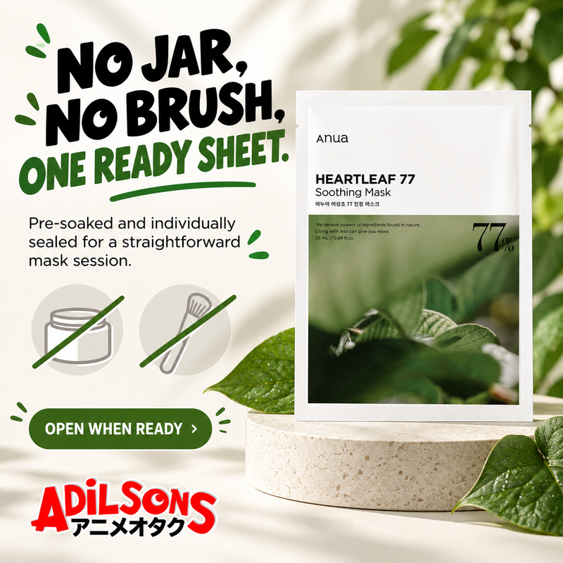 Adilsons creative for Anua Heartleaf 77 Soothing Mask 25ml: NO JAR. NO BRUSH. ONE READY SHEET.