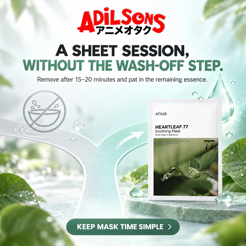 Adilsons creative for Anua Heartleaf 77 Soothing Mask 25ml: A SHEET SESSION, WITHOUT THE WASH-OFF STEP.