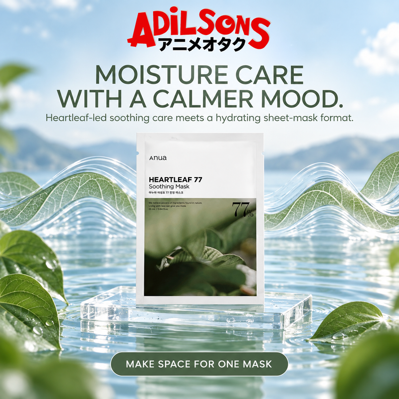 Adilsons creative for Anua Heartleaf 77 Soothing Mask 25ml: MOISTURE CARE WITH A CALMER MOOD.