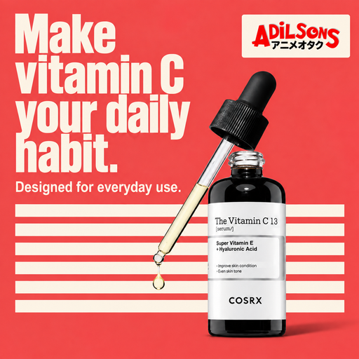 COSRX The Vitamin C 13 Serum 20ml with daily-use message in a coral typographic Adilsons creative.