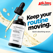 COSRX The Vitamin C 13 Serum 20ml in an Adilsons creative about absorption speed for busy routines, not sticky finish.