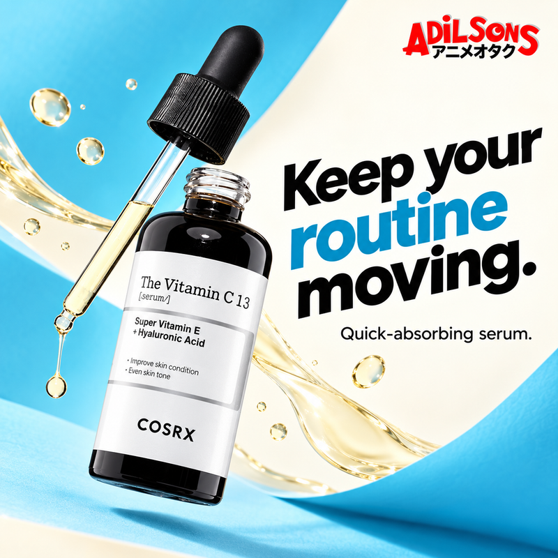 COSRX The Vitamin C 13 Serum 20ml in an Adilsons creative about absorption speed for busy routines, not sticky finish.