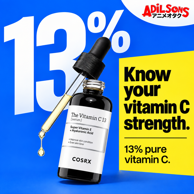 COSRX The Vitamin C 13 Serum 20ml in an Adilsons creative about explicit concentration selection distinct from chemical identity.