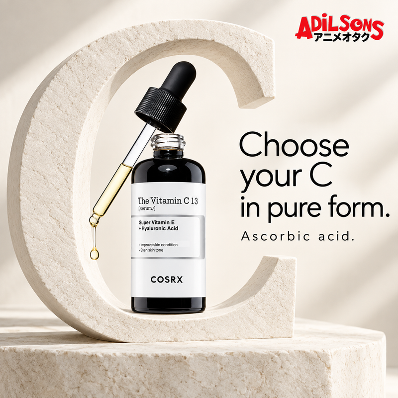 COSRX The Vitamin C 13 Serum 20ml in an Adilsons creative about ingredient-form preference not percentage comparison.