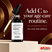 COSRX The Vitamin C 13 Serum 20ml in an Adilsons creative about official antiaging target; no wrinkle timeline or cure.