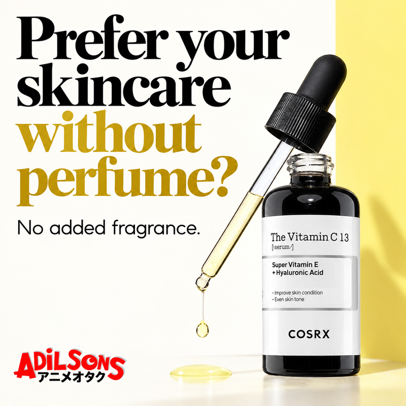 COSRX The Vitamin C 13 Serum 20ml in an Adilsons creative about formula exclusion inferred from complete inci, no scent-free guarantee.