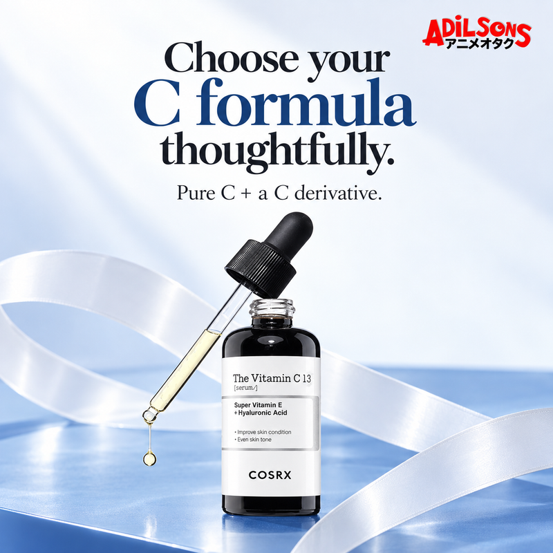 COSRX The Vitamin C 13 Serum 20ml in an Adilsons creative about presence of ascorbic acid and 3-o-ethyl ascorbic acid, no extra efficacy claim.