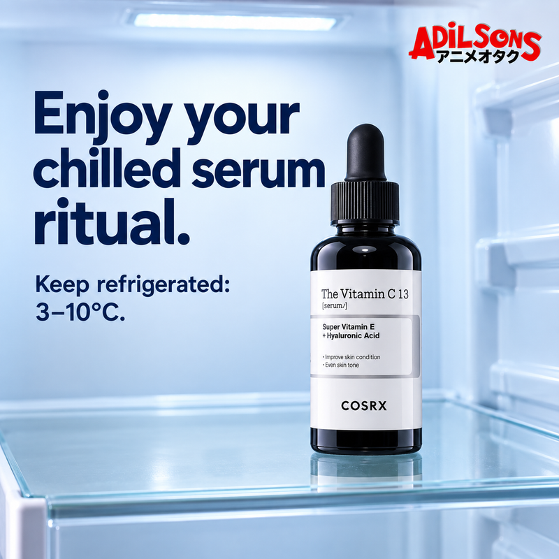 COSRX The Vitamin C 13 Serum 20ml in an Adilsons creative about practical storage preference not cooling efficacy.