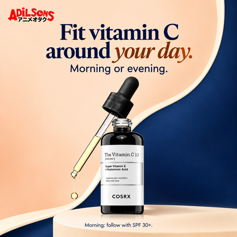 COSRX The Vitamin C 13 Serum 20ml in an Adilsons creative about timing flexibility not daily-frequency job.