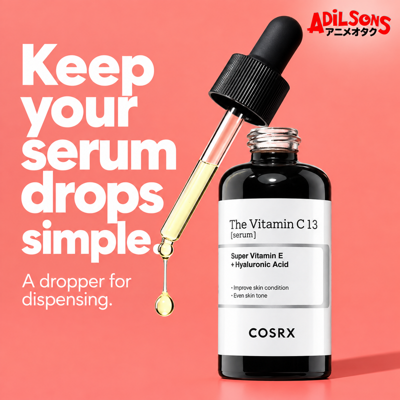 COSRX The Vitamin C 13 Serum 20ml in an Adilsons creative about physical dispensing interface visible original, no calibrated dose claim.