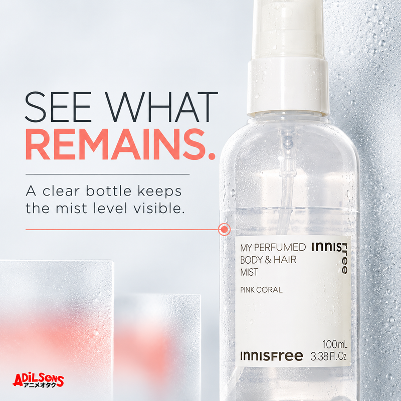 INNISFREE Pink Coral clear bottle showing the remaining mist level