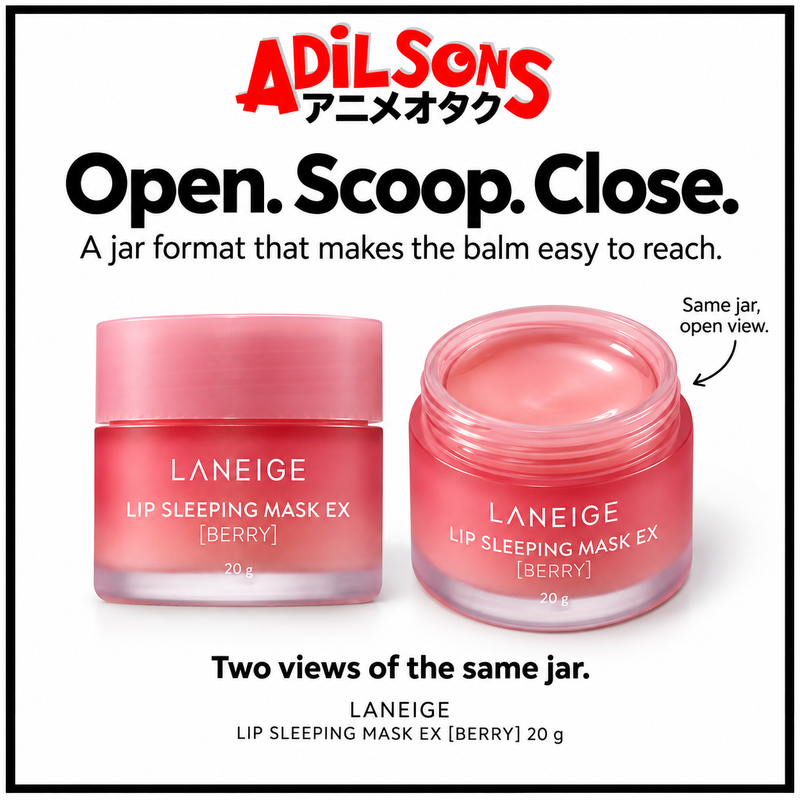 LANEIGE Berry Lip Sleeping Mask EX 20g — Open. Scoop. Close. A jar format that makes the balm easy to reach.