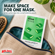 MAKE SPACE FOR ONE MASK. A flat sachet slips into a small toiletries pouch.