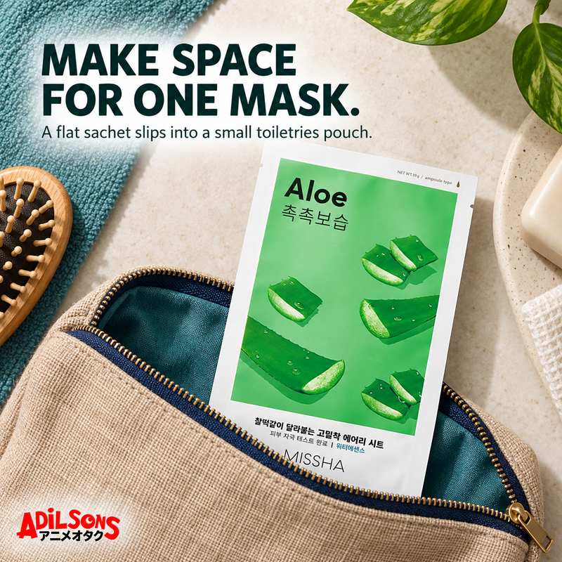 MAKE SPACE FOR ONE MASK. A flat sachet slips into a small toiletries pouch.