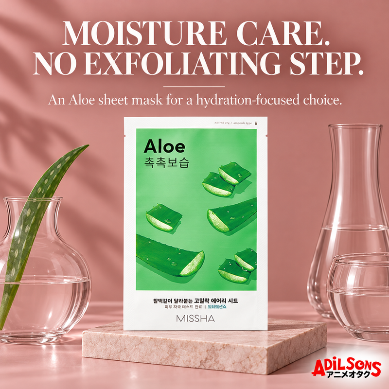 MOISTURE CARE. NO EXFOLIATING STEP. An Aloe sheet mask for a hydration-focused choice.
