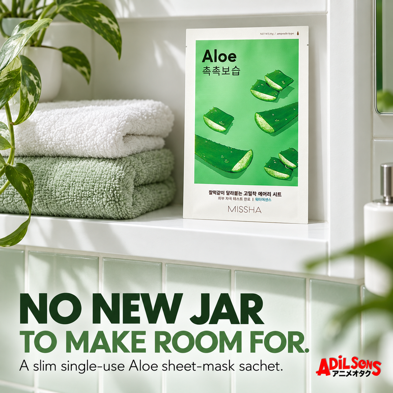 NO NEW JAR TO MAKE ROOM FOR. A slim single-use Aloe sheet-mask sachet.