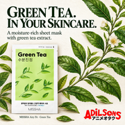 MISSHA Airy Fit Green Tea sheet mask beside botanical green tea leaves with the headline Green Tea in Your Skincare.