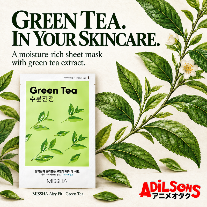 MISSHA Airy Fit Green Tea sheet mask beside botanical green tea leaves with the headline Green Tea in Your Skincare.