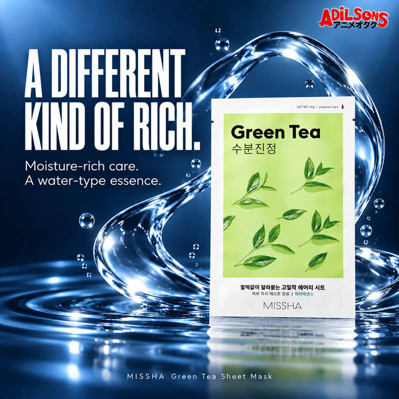 MISSHA Green Tea sheet mask framed by a sculptural water splash.