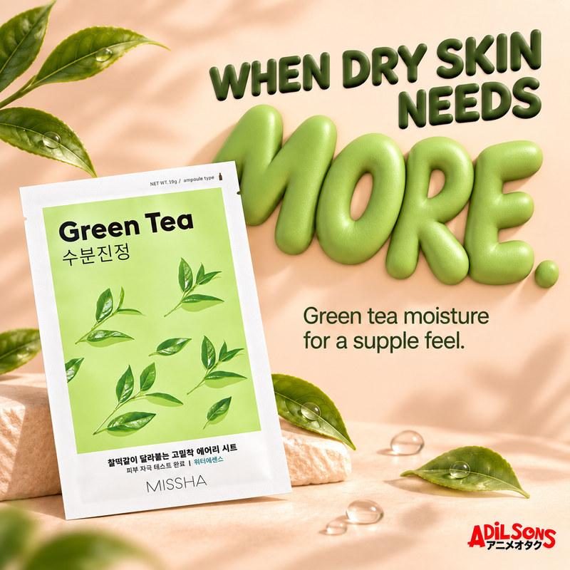 MISSHA Green Tea mask on a soft peach set with a dimensional moisture headline.