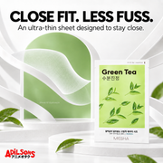 MISSHA Green Tea mask beside an airy close-fit sheet illustration.