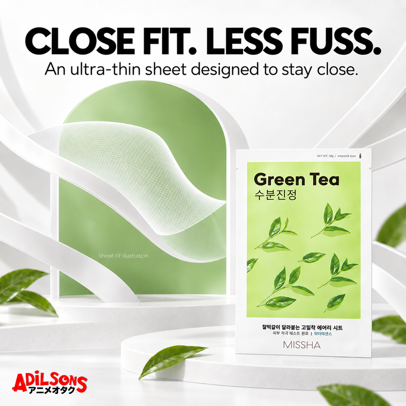 MISSHA Green Tea mask beside an airy close-fit sheet illustration.