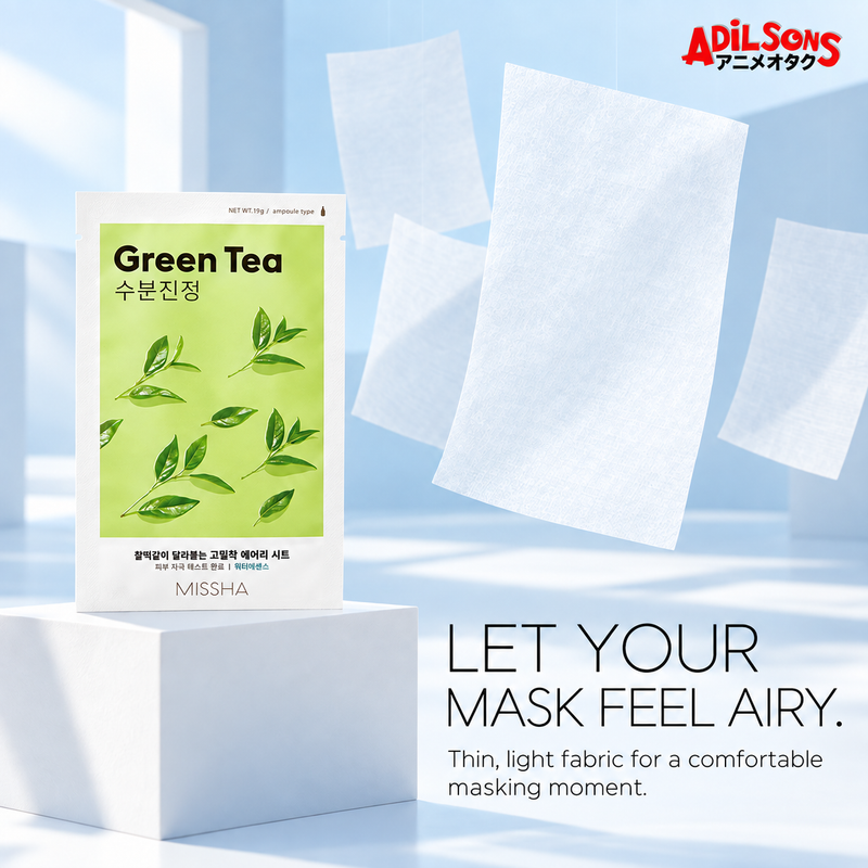 MISSHA Green Tea mask among floating light sheet textures.
