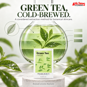 MISSHA Green Tea mask before a botanical cold-brew extraction illustration.