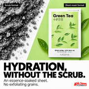 MISSHA Green Tea mask compared with a grainy scrub texture.