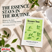 MISSHA Green Tea mask arranged with towels and a printed routine note.
