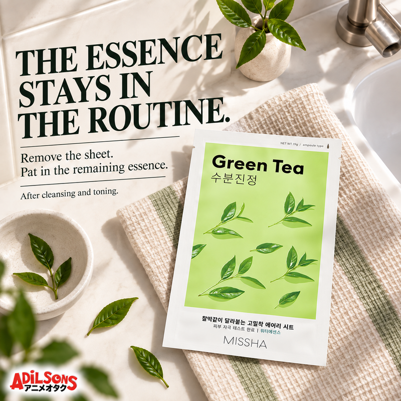 MISSHA Green Tea mask arranged with towels and a printed routine note.