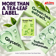 MISSHA Green Tea mask in an ingredient-focused molecular collage.