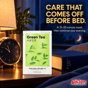MISSHA Green Tea mask beside a clock and bedside books.