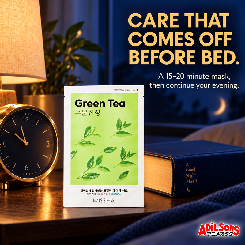 MISSHA Green Tea mask beside a clock and bedside books.