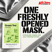 MISSHA Green Tea sheet mask beside a close-up of sealed sachet material.